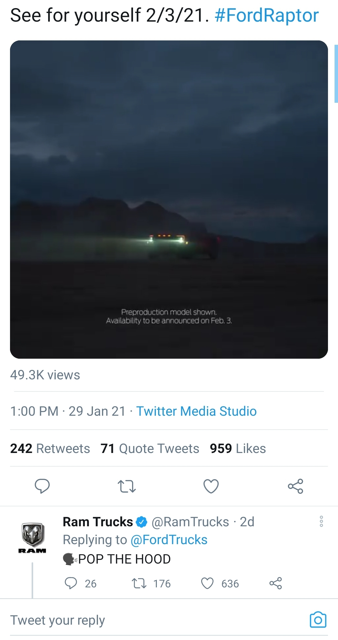 Ram Trucks comment to Ford Trucks on Twitter. (5thGenRams).