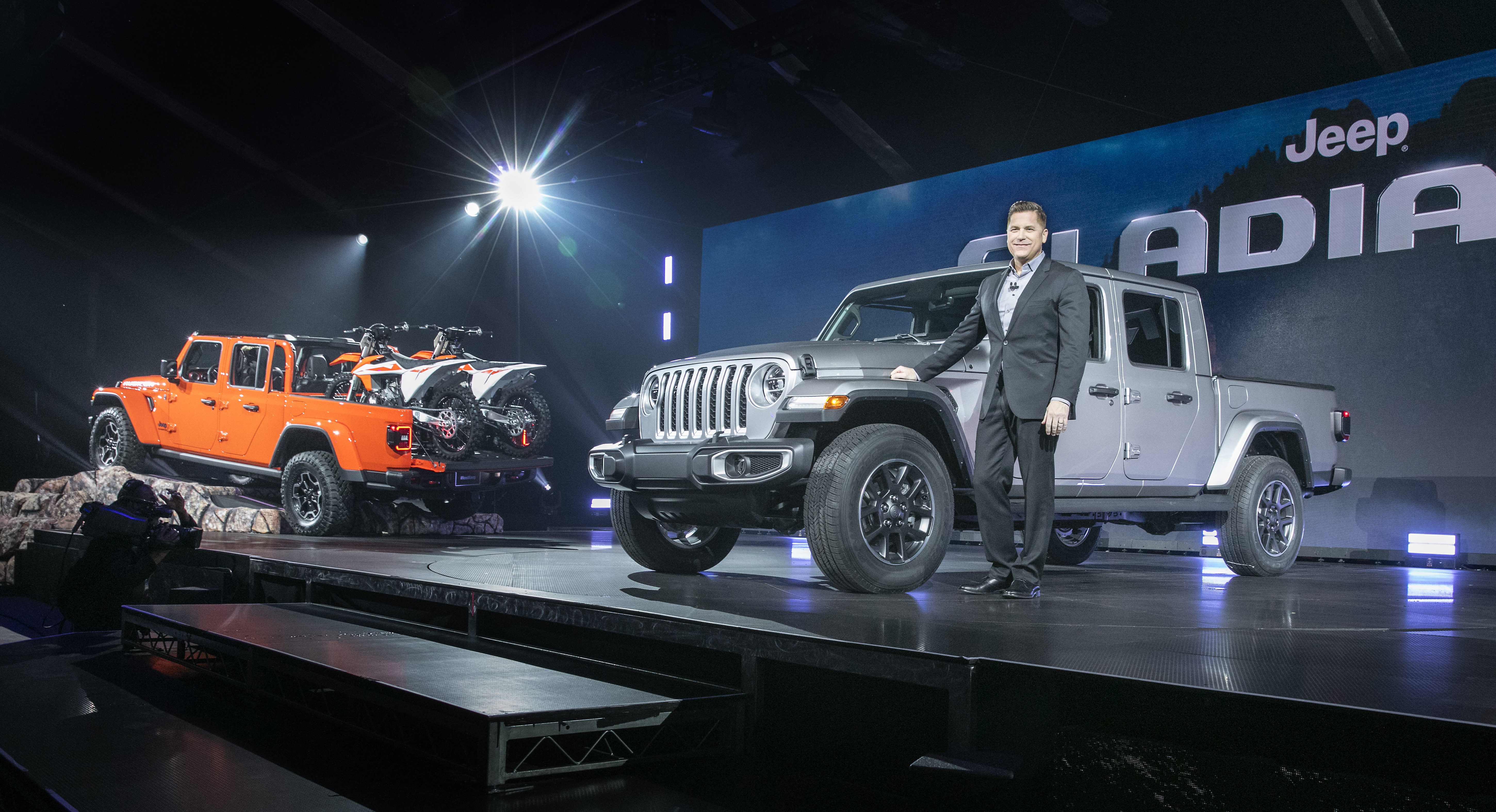 Tim Kuniskis, Head of Jeep® Brand North America, introduces the 2020 Jeep Gladiator at the Los Angeles Auto Show. The all-new 2020 Gladiator builds on a rich heritage of tough, dependable Jeep trucks with an unmatched combination of rugged utility, authentic Jeep design, open-air freedom, clever functionality and versatility, best-in-class towing and 4x4 payload, advanced fuel-efficient powertrains, superior on- and off-road dynamics and a host of innovative safety and advanced technology features. The all-new 2020 Gladiator is available in a crew cab model in multiple trim configurations.